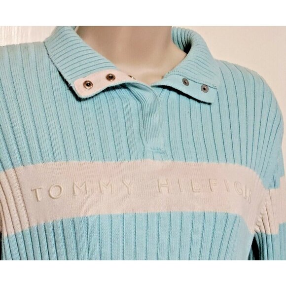 Tommy Hilfiger 1/4 Snap Pullover Sweater Medium Knit Embroidered Spellout Logo - Picture 1 of 9